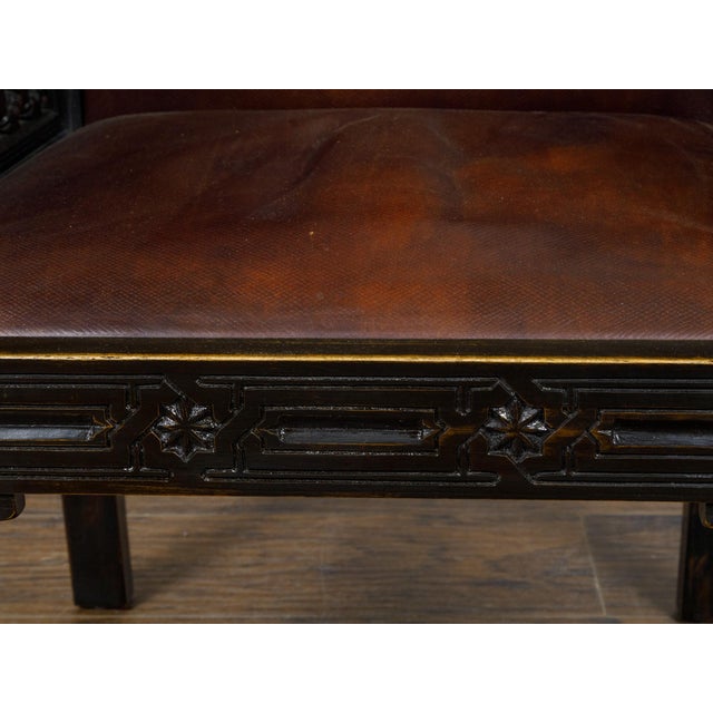 Set of 12 Moroccan Ebonized Carved Wood Armchairs with Leather Seats, circa 1900 For Sale - Image 12 of 12