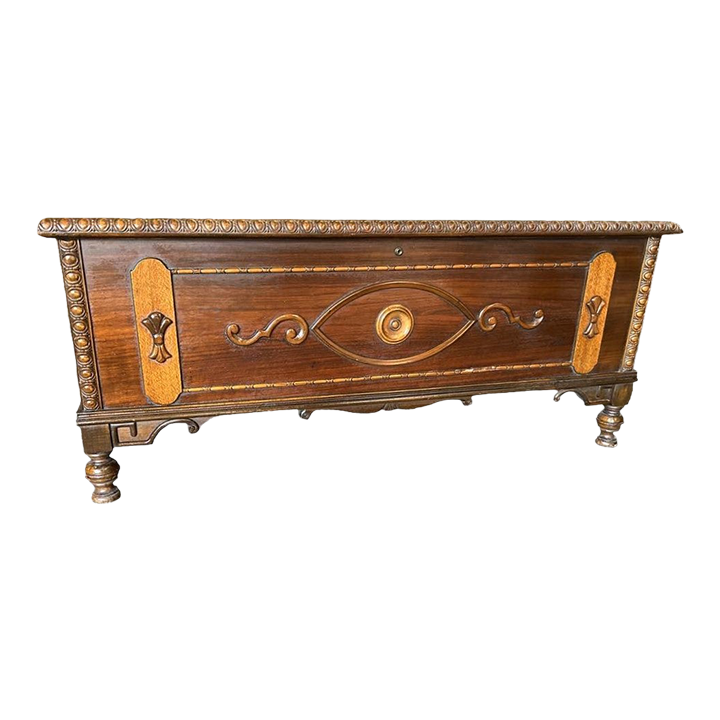 Antique 1920s Spanish Revival Walnut and Burlwood Cedar Chest