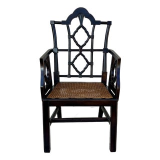Late 20th Century A Chinese Chippendale Style Ebonized Armchair With Hand Caned Seat For Sale