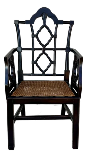 Late 20th Century A Chinese Chippendale Style Ebonized Armchair With Hand Caned Seat