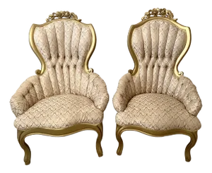 Victorian Style Kimball Style Tufted Gold Upholstered Pair of Parlor Chairs Vintage.