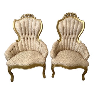 Victorian Style Tufted Gold Upholstered Pair of Parlor Chairs Vintage For Sale