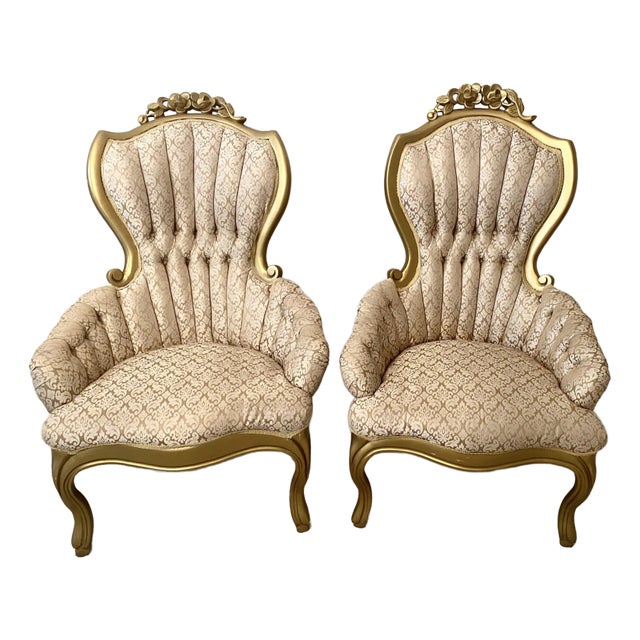 Victorian Style Tufted Gold Upholstered Pair of Parlor Chairs Vintage For Sale
