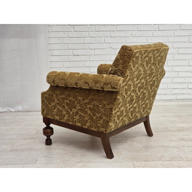 1960s Vintage Danish Carved Oak Lounge Chair with Velour Upholstery, 1960s For Sale - Image 5 of 18