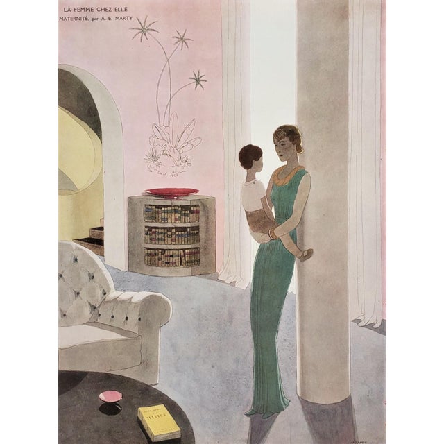Art Deco 1934 Rare Set of 4-French Art Deco Lithographs-Women at Home, Matted For Sale - Image 3 of 5