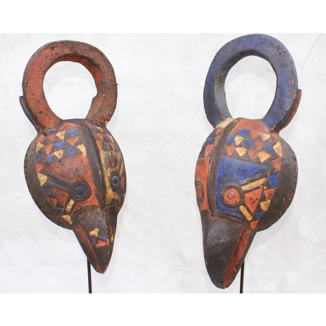 Hand-Carved African Bird Masks with Polychrome Pigments, Mid-20th Century, Set of 2 For Sale - Image 13 of 17