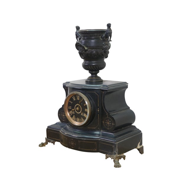 French Antique French Michelant Laligant Black Slate Cassolette Trophy Urn Mantle Clock 16" For Sale - Image 3 of 17