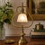 Mid 20th Century Vintage Neoclassical Brass Lyre Table Lamp With Frosted Floral Glass Shade For Sale - Image 5 of 5