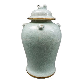 Mid 20th Century Maitland Smith Celadon Crackle Glazed Porcelain Foo Dogs Large Lidded Ginger Jar For Sale