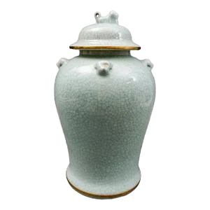 Mid 20th Century Maitland Smith Celadon Crackle Glazed Porcelain Foo Dogs Large Lidded Ginger Jar