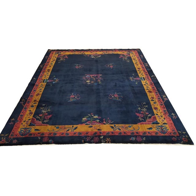 Chinese - Art Deco rug. Measures: 8'2" x 9'6". Rectangle Wool Blue Hand Knotted Pile Floral Antique 1920s Rug, Circa Date:...