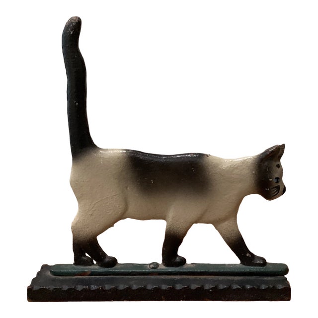 Vintage Mid 20th Century Cast Iron Doorstop Figurine Cat Multi Color Kitty Kat Decorative Art Statue For Sale