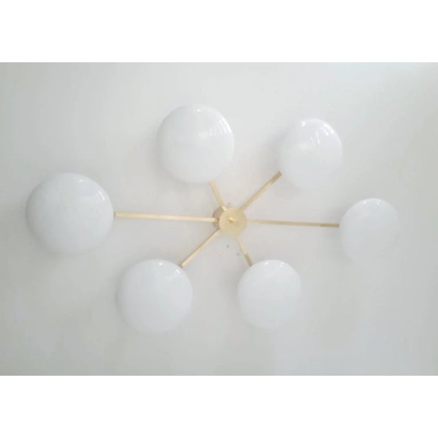 Mid-Century Modern Angelo Natural Brass Glossy White Glass Flush Mount by Fabio Ltd For Sale - Image 3 of 8