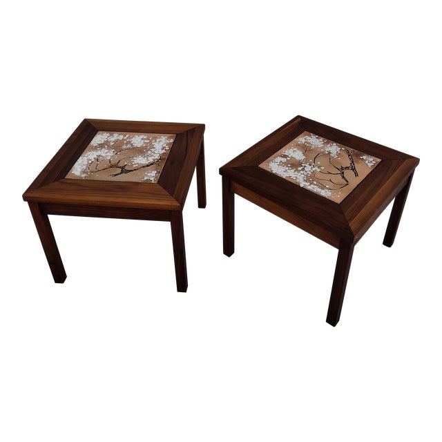 1970s Tile Top Walnut End Tables - a Pair For Sale