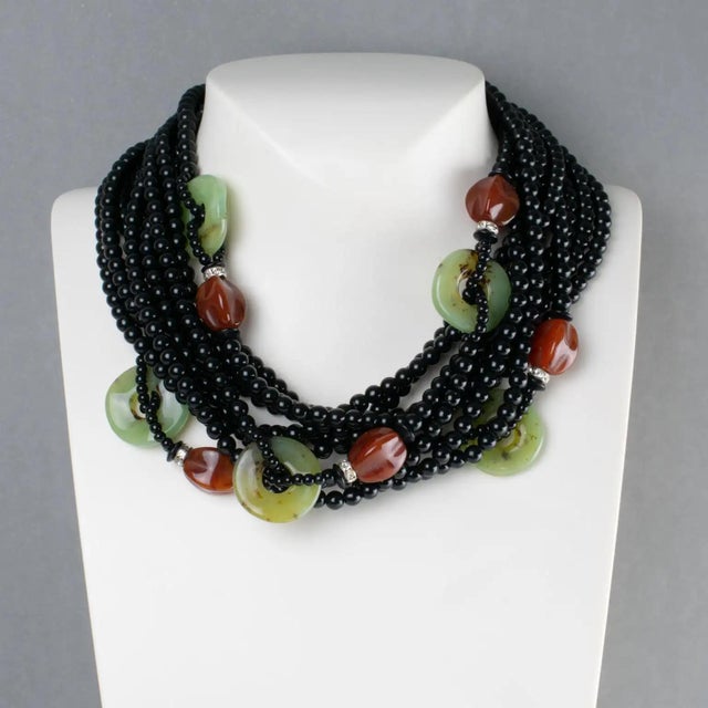 Contemporary Angela Caputi Black Necklace with Jade and Carnelian Resin Beads For Sale - Image 3 of 8