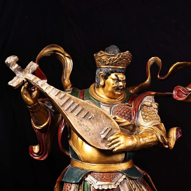 Bronze Set of 4 Gilt Bronze Guardian King Statues With Polychrome Enamel For Sale - Image 8 of 9