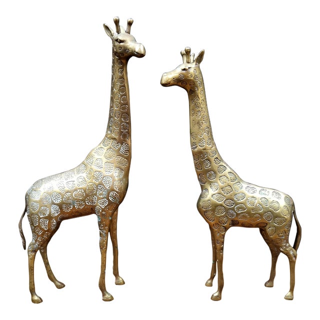 Pair of Vintage MCM Hollywood Regency Brass Giraffes 18 Inches High For Sale