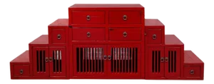 Distressed Red Triangle Step Tansu Storage Cabinet Display Room Divider