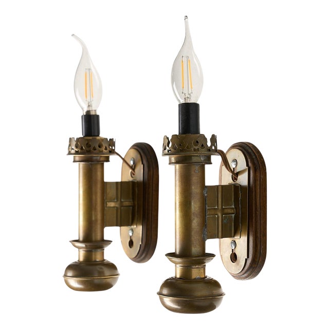 Brass and Wood Wall Sconces, 1950s, Set of 2 For Sale