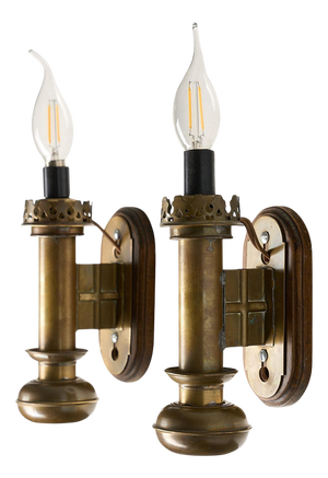 Brass and Wood Wall Sconces, 1950s, Set of 2