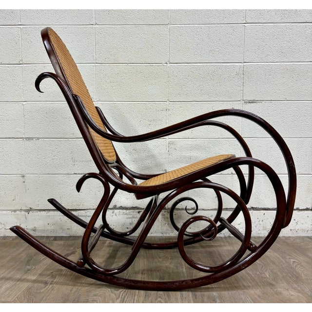 Victorian Vintage Thonet Style Bentwood Beechwood Cane Seat Cane Back Rocking Chair For Sale - Image 3 of 17