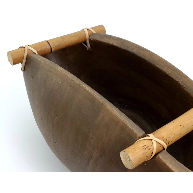 Wood Large Vintage Japanese Ikebana Style Ceramic and Bamboo Vase Decorative Bowl For Sale - Image 7 of 9