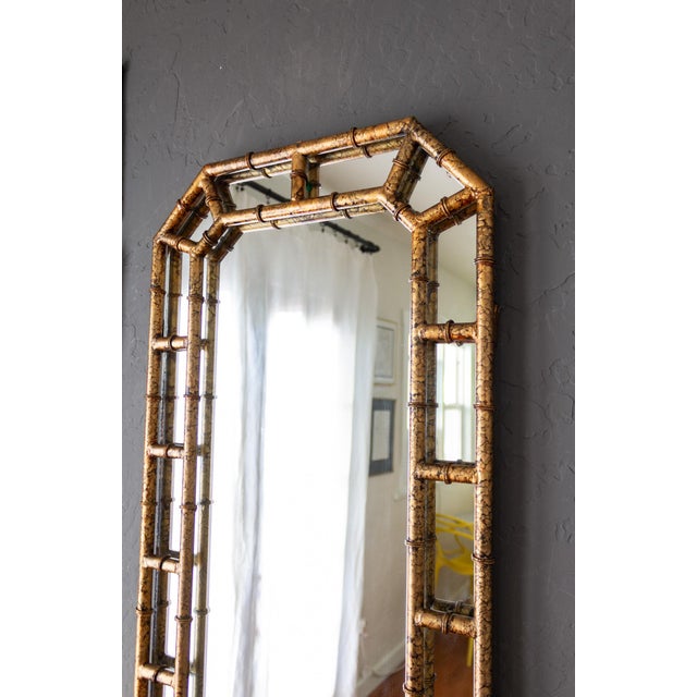 Metal Tall Chinoiserie Faux Bamboo Gold Tortoise Shell Octagon Mirror For Sale - Image 7 of 15