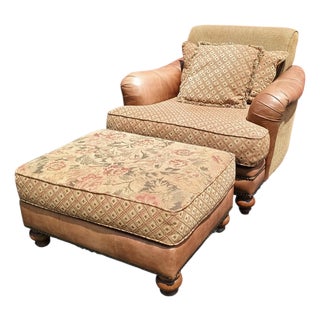 American-Made Luxury Ricardo Leather/Fabric Chair and Ottoman Set by King Hickory. For Sale