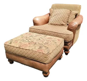 American-Made Luxury Ricardo Leather/Fabric Chair and Ottoman Set by King Hickory.