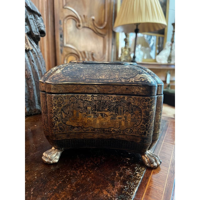 Victorian Antique 19th Century Chinese Export Gilt Lacquer Sarcophagus Tea Caddy For Sale - Image 3 of 8