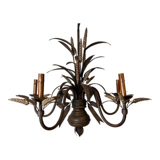 Vintage 1990’s Currey & Company 5-Light Tole Wheat Chandelier For Sale
