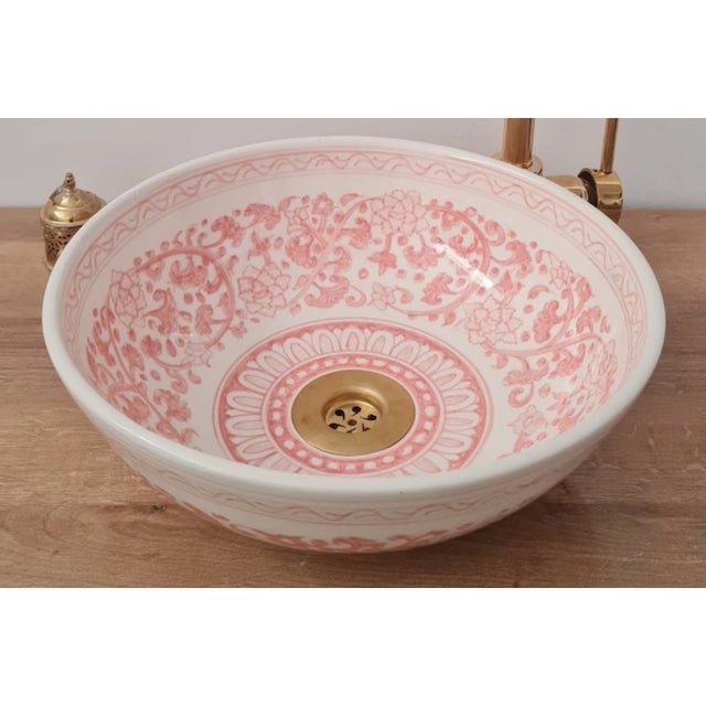 Contemporary Pink and White Bathroom Wash Basin with Brass Drain For Sale - Image 9 of 9
