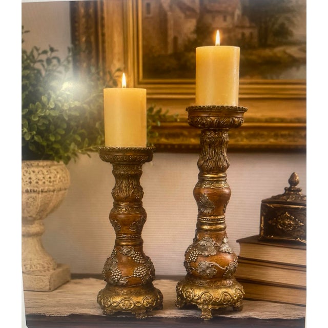 Pair of Ornate Grape & Vine Pillar Candle Holders, Old World Style For Sale - Image 6 of 7