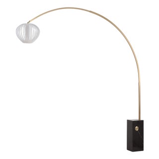 Iconic 95" Arc Floor Lamp - Weathered Brass Steel Body, Sphere White Satin Shade, Mid Century, Dimmable For Sale