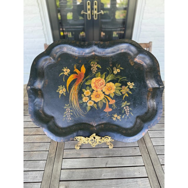 Folk Art Antique 19th Century Hand-Painted Tole Tray Bird & Floral Motif Estate Find 29”x 21” For Sale - Image 3 of 6
