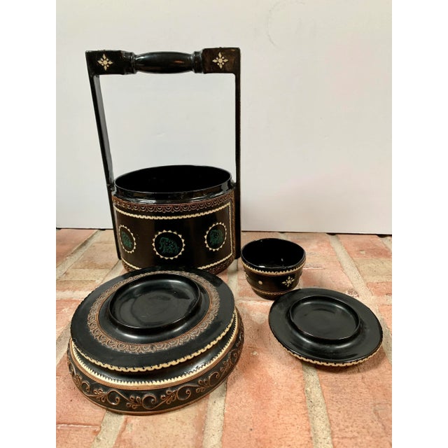 Vintage Burmese Lacquered Tiffin Food Carrier / Stacking Lunch Box For Sale - Image 4 of 12