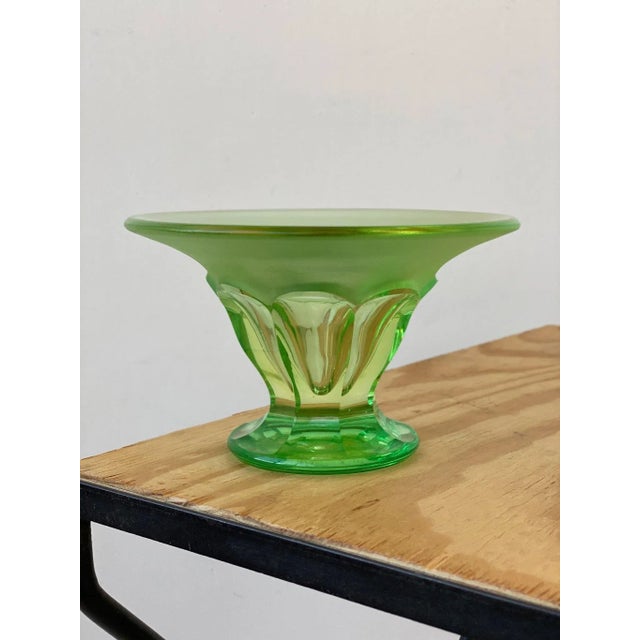 Vintage Vibrant Green Uranium Cut Glass Centerpiece Vase, Circa 1930s. Substantial faceted cut glass fluted body, pedestal...