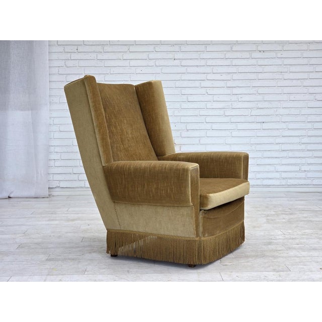 Mid-Century Modern Vintage Danish Highback Chair in Yellow Furniture Velour, 1970s For Sale - Image 3 of 18
