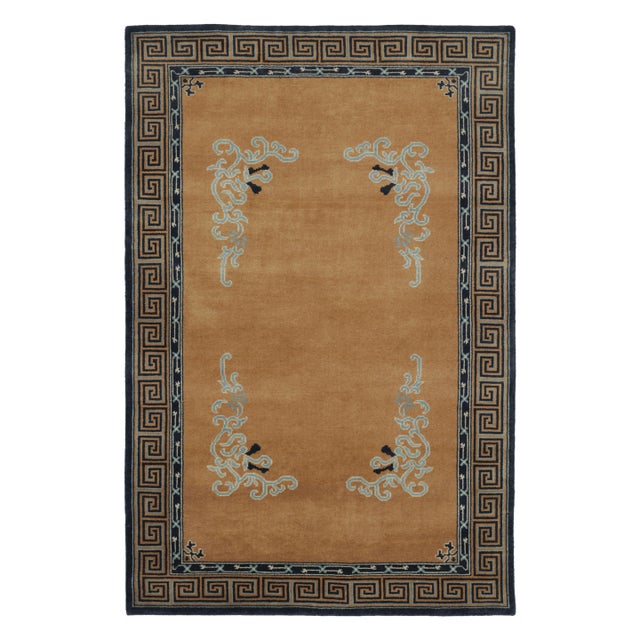 Rug & Kilim’s Chinese Art Deco Inspired Rug, Brown With Greek Key Border For Sale