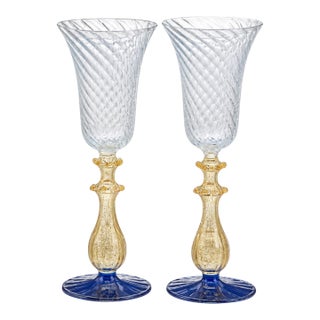 Vintage Murano Venetian Glass Chalice Aventurine Gold Cobalt Blue Goblets - a Pair For Sale