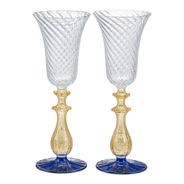 Vintage Murano Venetian Glass Chalice Aventurine Gold Cobalt Blue Goblets - a Pair For Sale