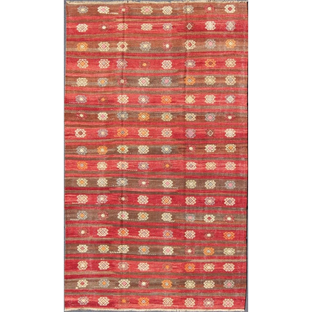 Colorful Red and Brown Striped Turkish Kilim Rug With Geometric Shapes For Sale - Image 13 of 13