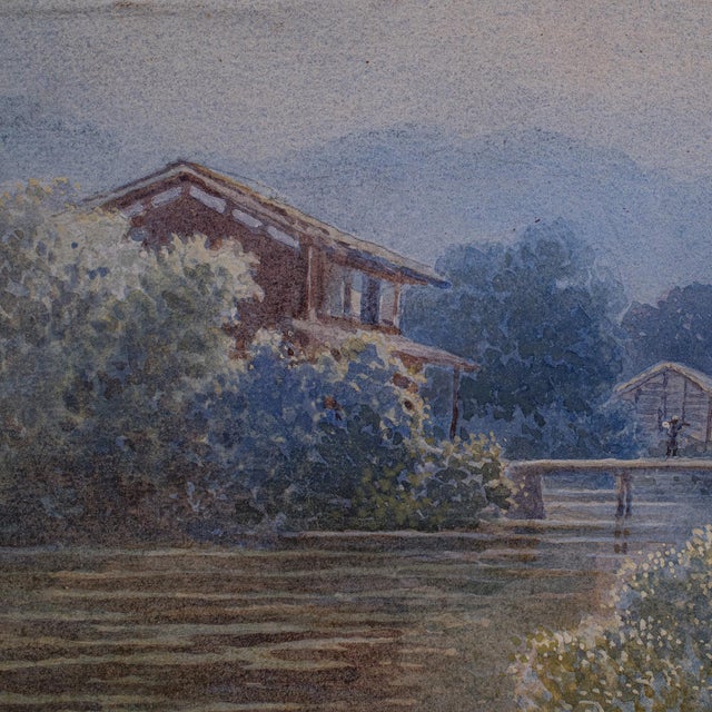 Glass Vintage Landscape Painting, Japanese School, Watercolour, Art, Mid Century, 1960 For Sale - Image 7 of 12