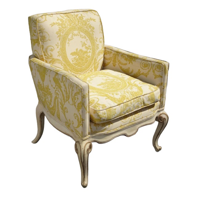 Vintage French Provincial Side Chair W Yellow Fabric and Down Cushion For Sale