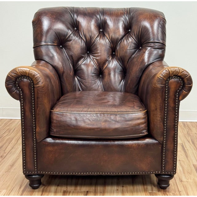 Bernhardt Vintage Bernhardt Tufted Leather Writers Chair With Ottoman For Sale - Image 4 of 18
