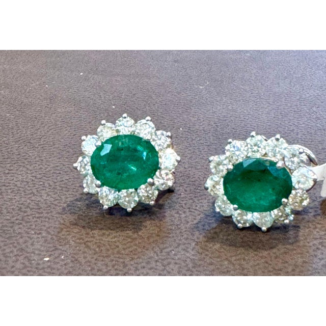 6 Ct Oval Shape Emerald & 3 Ct Diamond Post Back Earrings 14 Karat White Gold For Sale - Image 10 of 18