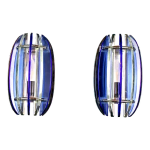 Veca Murano Modern Blue Glass and Chrome Sconces, Italy 1970's - a Pair