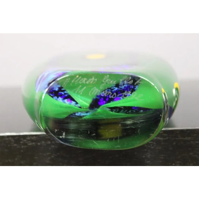 Large polychrome glass bottle (green, orange, blue) by Allain Guillot (b. 1948), dated and signed March 11, 1992 Allain...