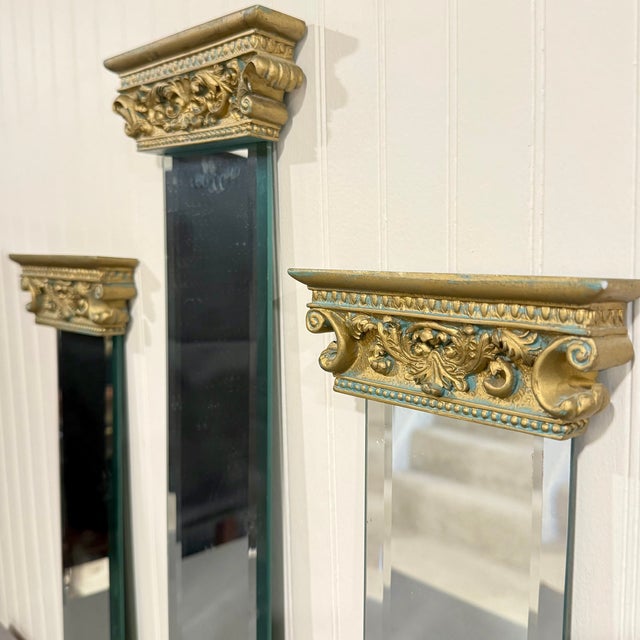 Gold Vintage Architectural Column Wall Mirrors Set of 3 Gold Gilt Beveled Hollywood Regency For Sale - Image 8 of 15