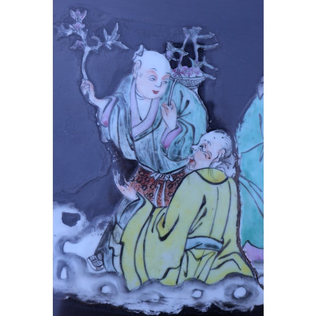 Mid-Century Chinese Black Lacquer Coffee Table With Hand-Painted Kutani Porcelain Immortals Relief For Sale - Image 9 of 18